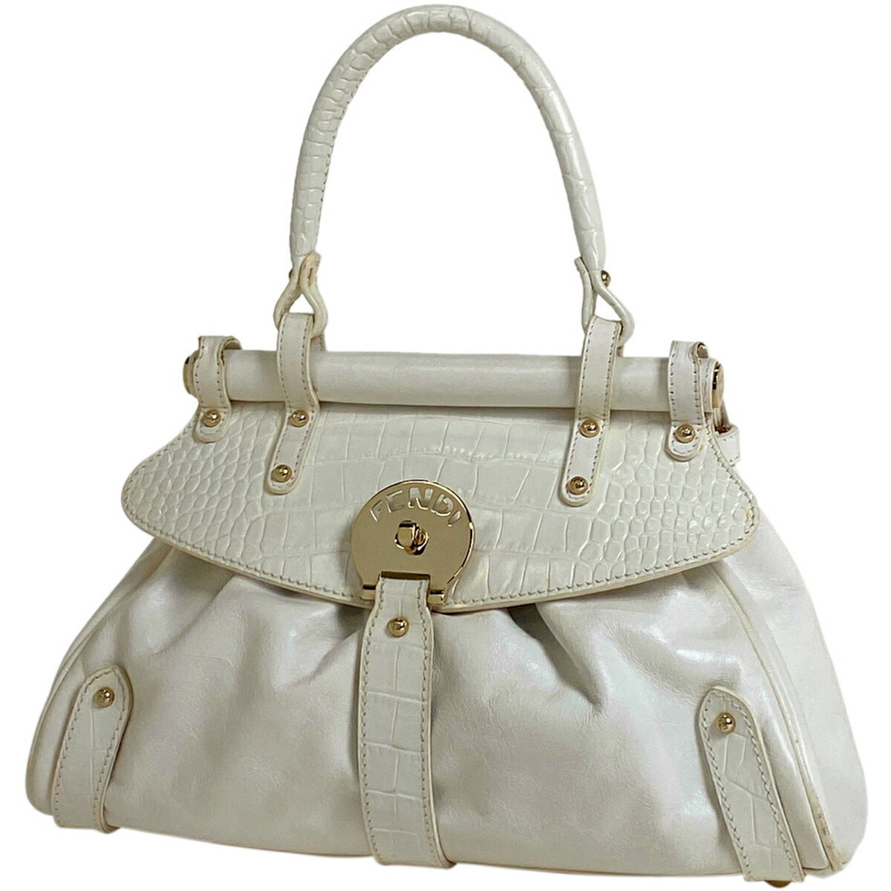 Fendi Logo Handbag Borsa Magic Embossed Leather Turnlock White